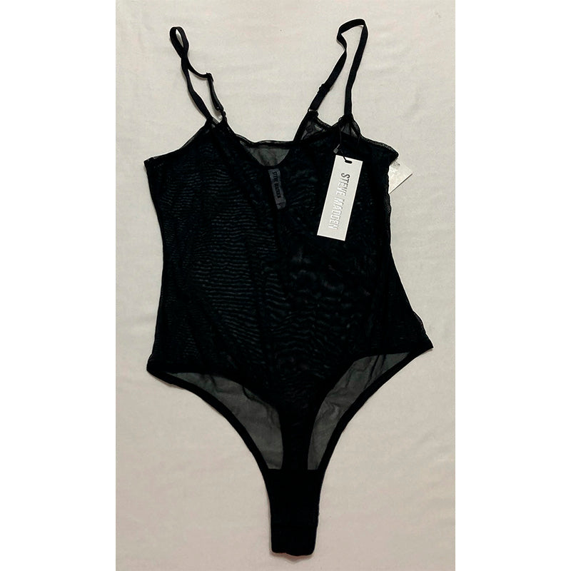 Steve Madden Sheer Mesh Thong Bodysuit Black L