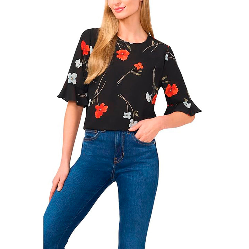 CeCe 3/4 Sleeve Ruffle Cuff Crew Neck Top Rich Black S