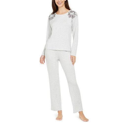 Charter Club Women's Floral Embroidered Pajama Set gray S