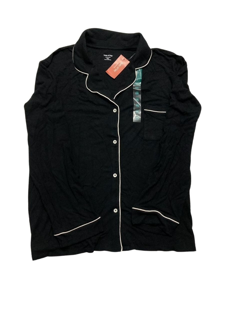 STATE OF DAY 2-Piece Packaged Ribbed Notched-Collar Pajama set BLACK XXL