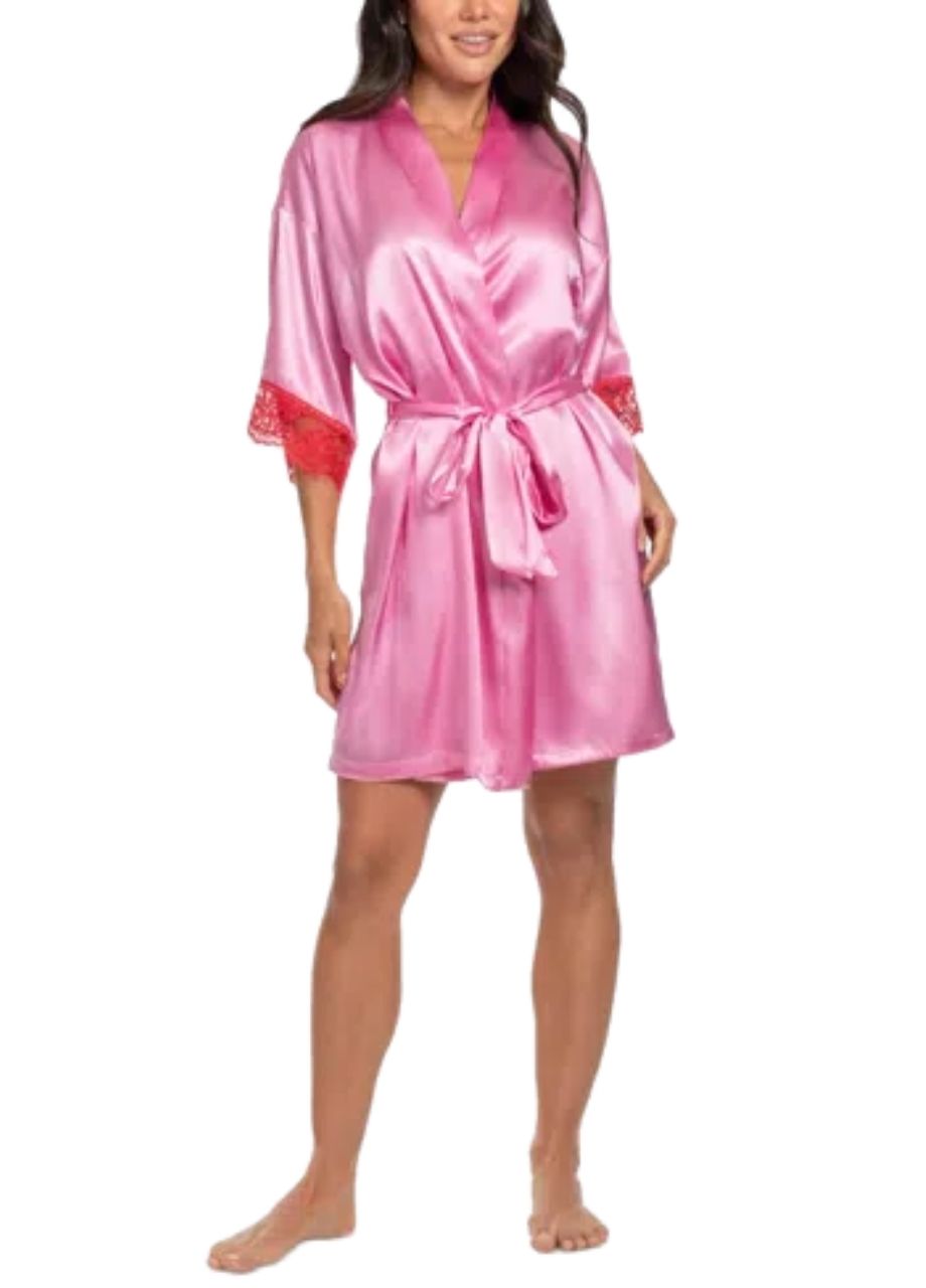 LINEA DONATELLA Wrapper Satin Lace-cuff Robe PINK L/XL
