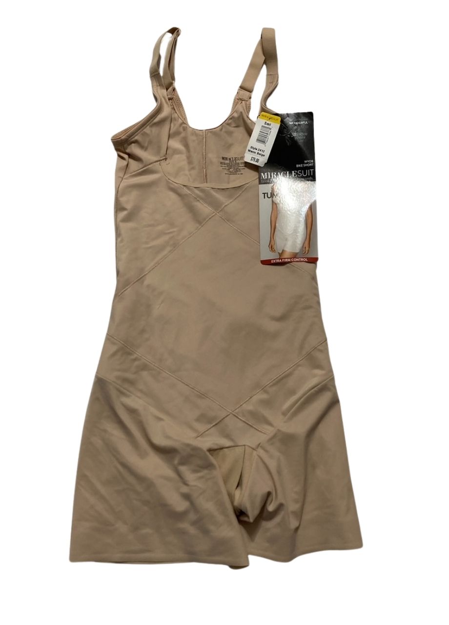 MIRACLESUIT Extra Firm Tummy Tuck Open Bust Bike Shorts Bodysuit WARM BEIGE S