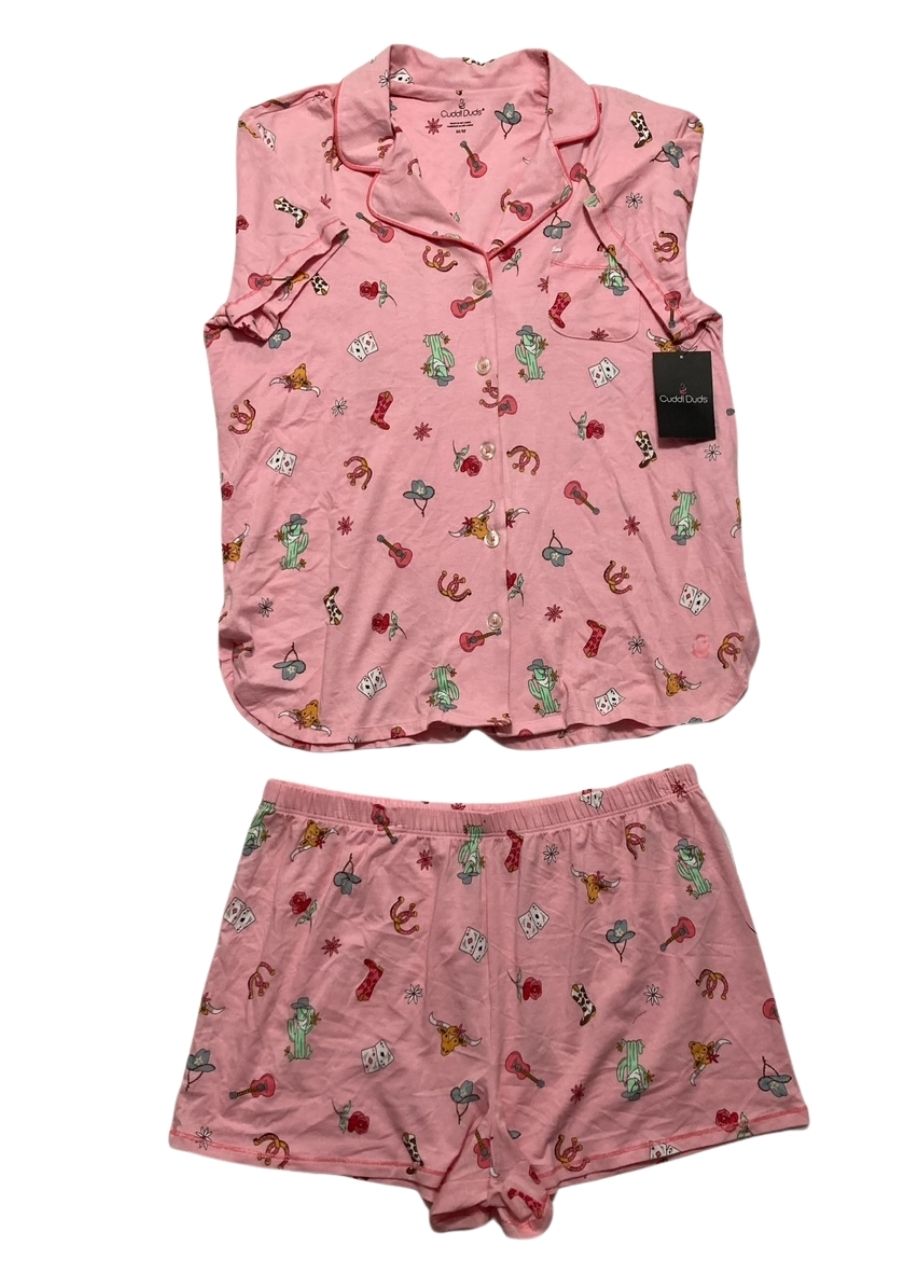 CUDDL DUDS Cotton Blend Short Sleeve Notch Collar & Short 2 pc pajama set  PINK M
