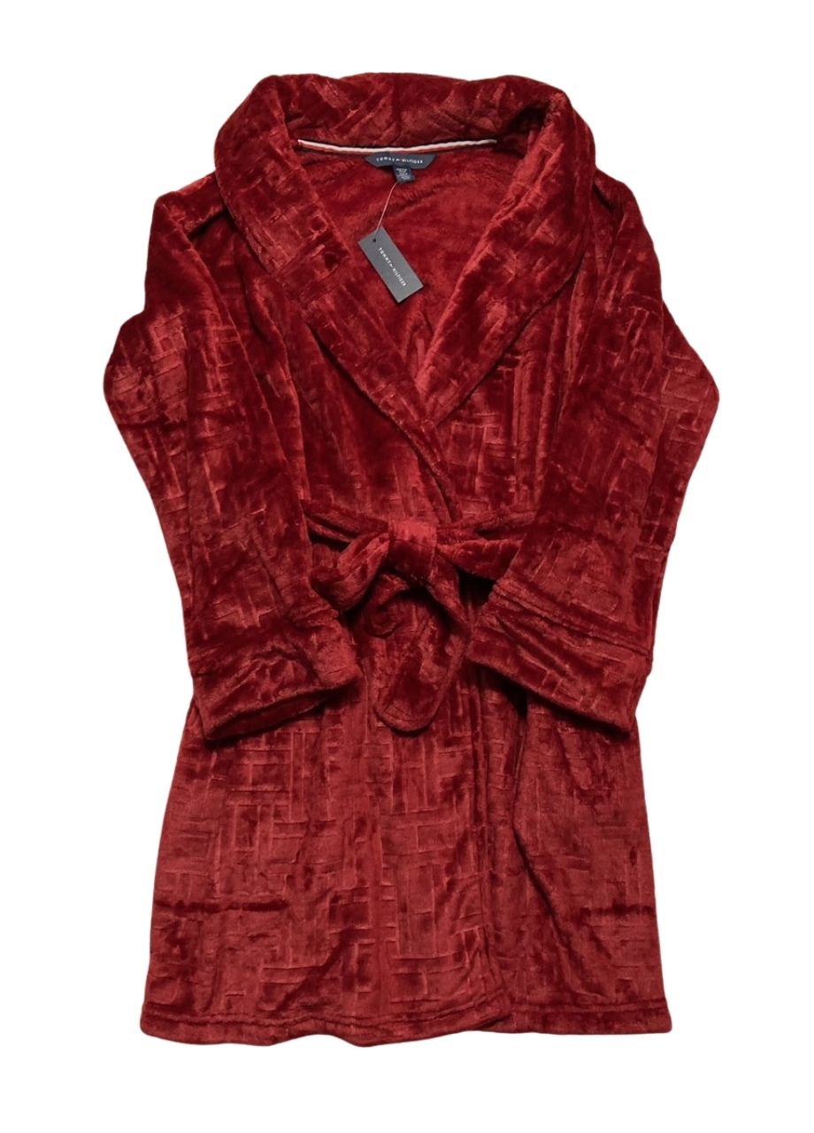 TOMMY HILFIGER Debossed Long Sleeve Plush Robe RED S/M