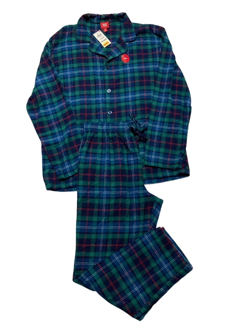 FAMILY PJS Matching Men's Cotton Plaid Notched Pajamas Set NAVY BLUE L