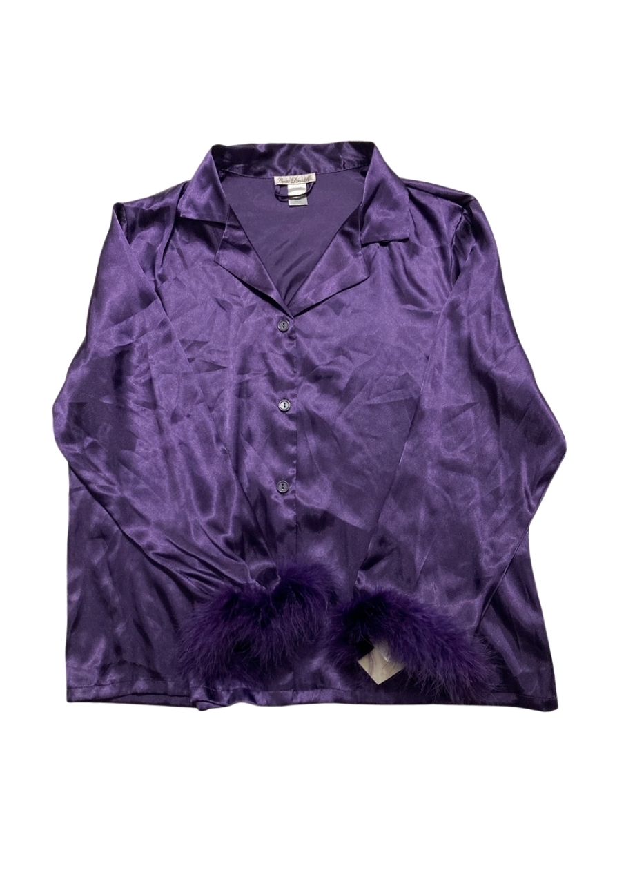 LINEA DONATELLA Marabou Feather-Trimmed Satin Pajama Top PURPLE XL