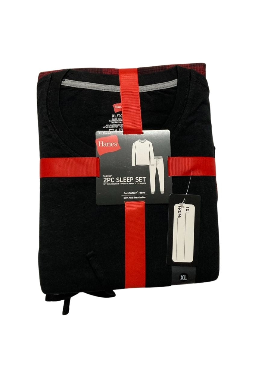 HANES Tagless Two-Piece Micro-Fleece Pajama Set BLACK/RED XL