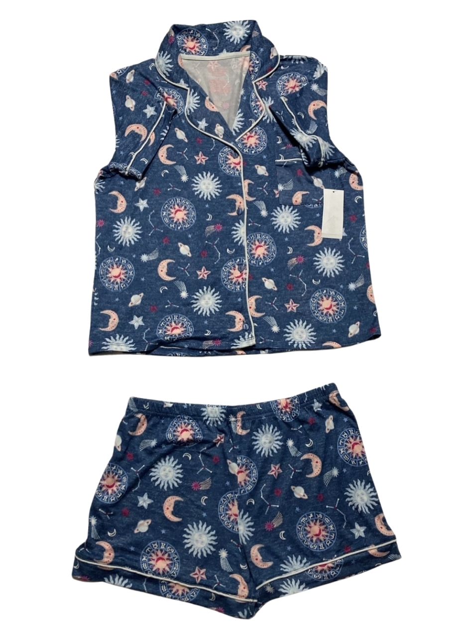 DEREK HEART Notch Collar Top and Pants Pajama Set BLUE M