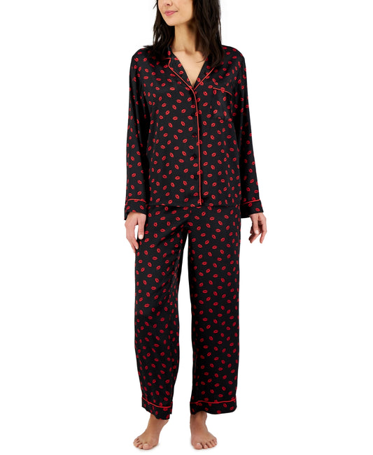 I.N.C Matching Satin Notch Collar Pajama Set BLACK/RED XXL