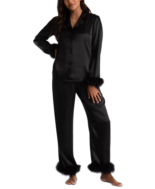 LINEA DONATELLA Marabou Feather Satin Pajama Set BLACK M