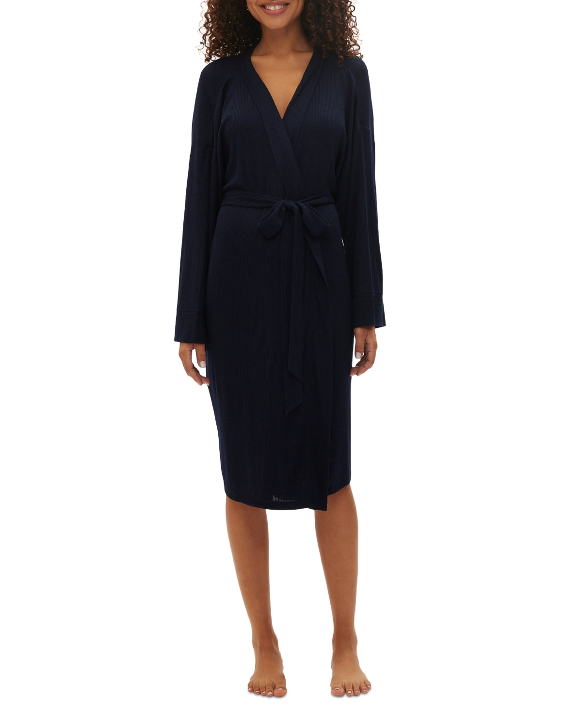 GAP Long-Sleeve Ribbed Belted Robe NAVY L