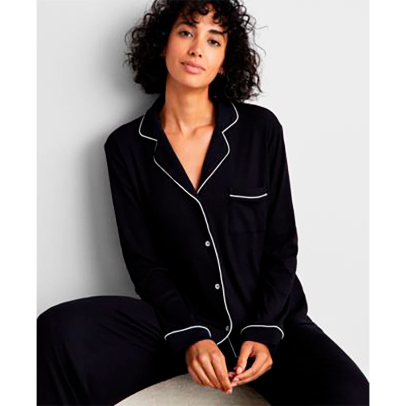 STATE OF DAY 2-Pc. Packaged Ribbed Notched-Collar Pajamas Set BLACK M