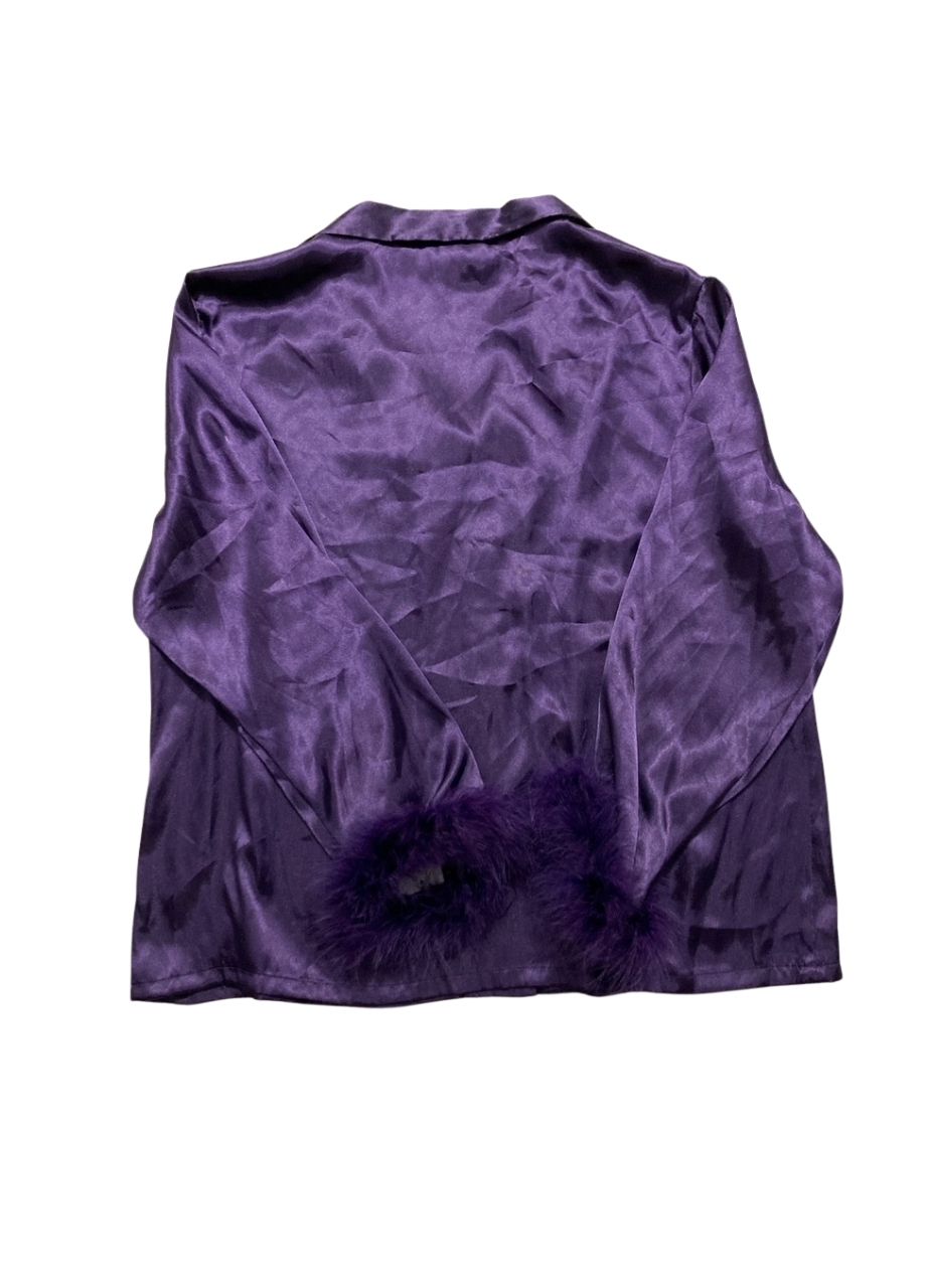 LINEA DONATELLA Marabou Feather-Trimmed Satin Pajama Top PURPLE XL