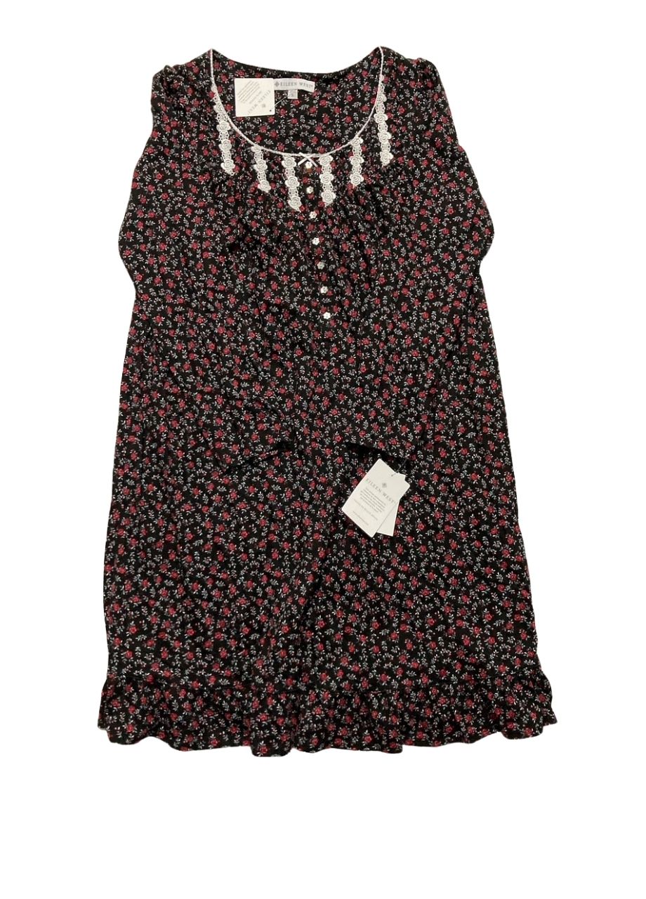 EILEEN WEST Long Sleeve Short Nightgown BLACK