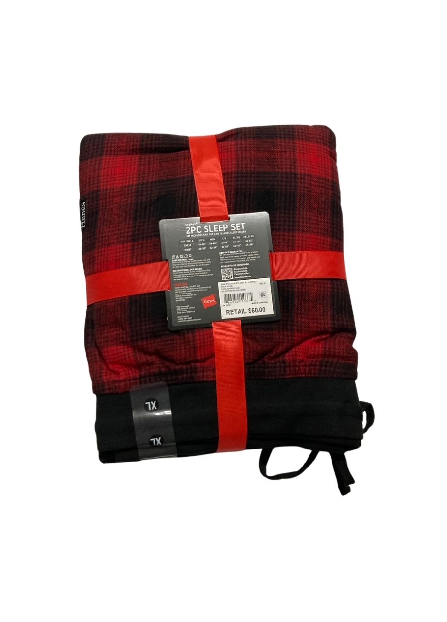 HANES Tagless Two-Piece Micro-Fleece Pajama Set BLACK/RED XL