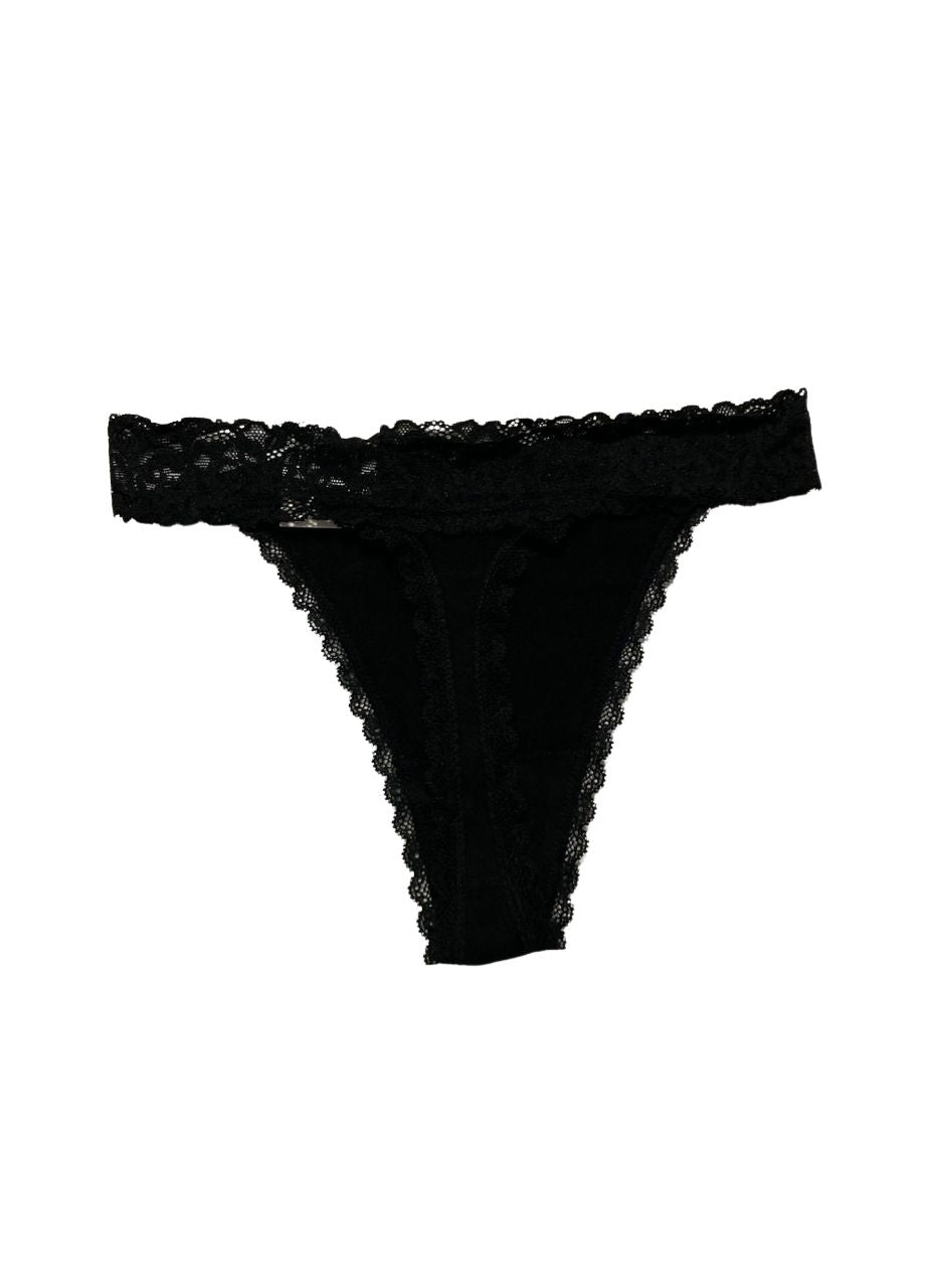 STATE OF DAY Cotton Blend Lace-Trim Thong Underwear BLACK XS