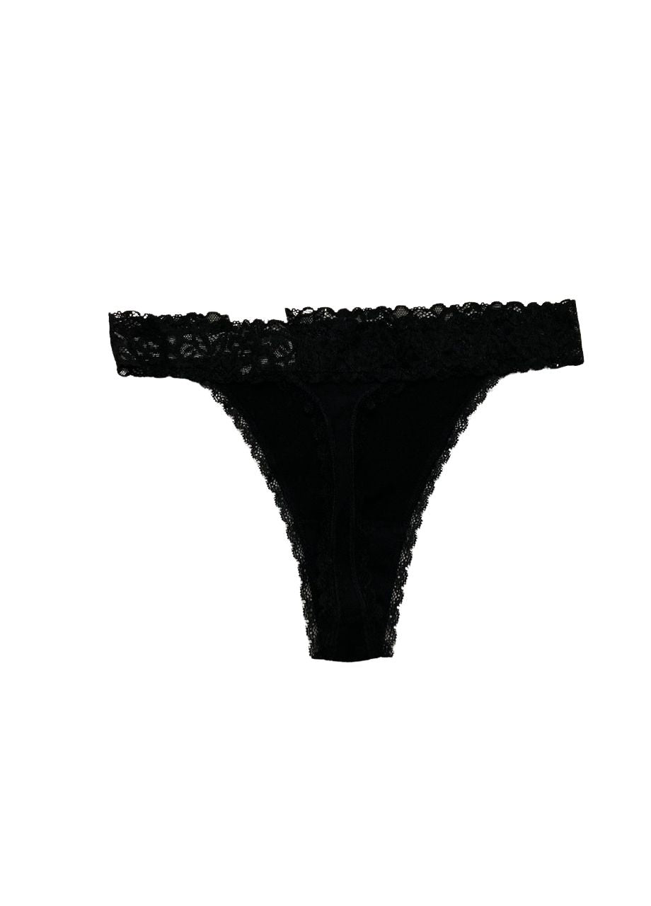 NWD STATE OF DAY Cotton Blend Lace-Trim Thong Underwear BLACK M