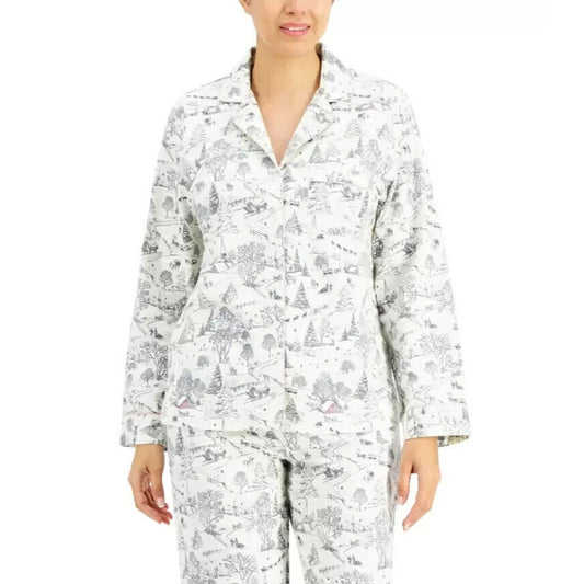 Charter Club Printed Cotton Flannel Only Pajama Top White XS