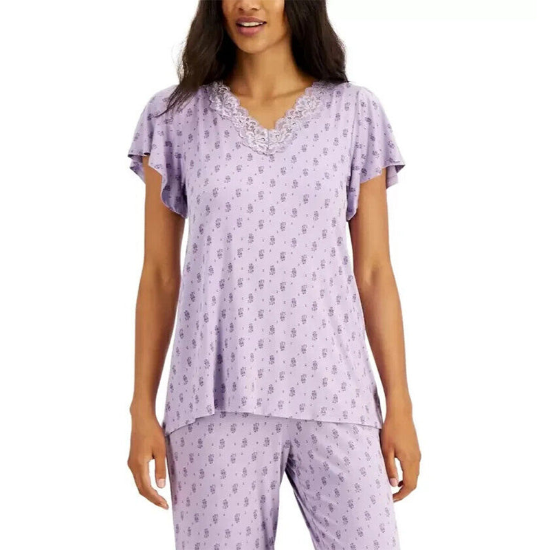 Charter Club Lace-Trim Printed Pajama Top Purple XS