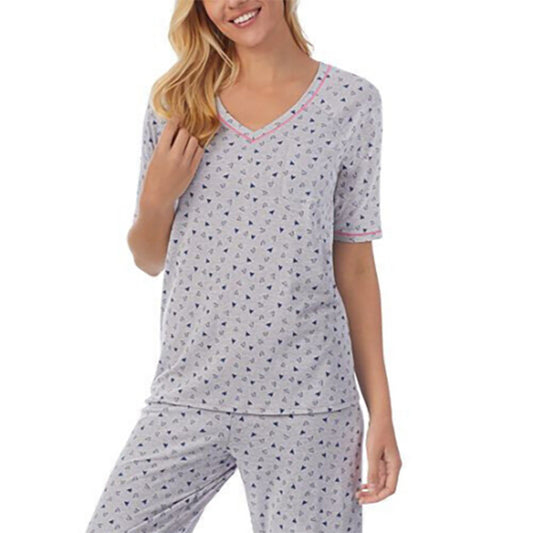 Cuddl Duds Printed Elbow-Sleeve Only Pajama Top Grey M