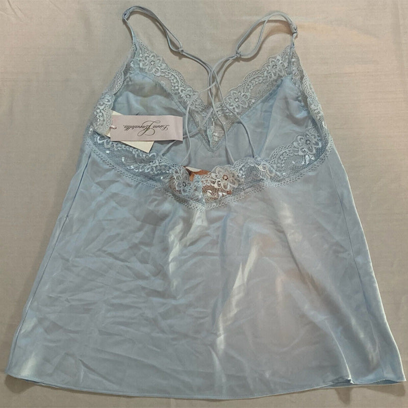 Linea Donatella Lace-Trim Satin Only Pajama Top Blue M