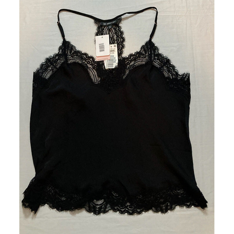 INC Lace-Trim Satin Pajama Top Black XXL