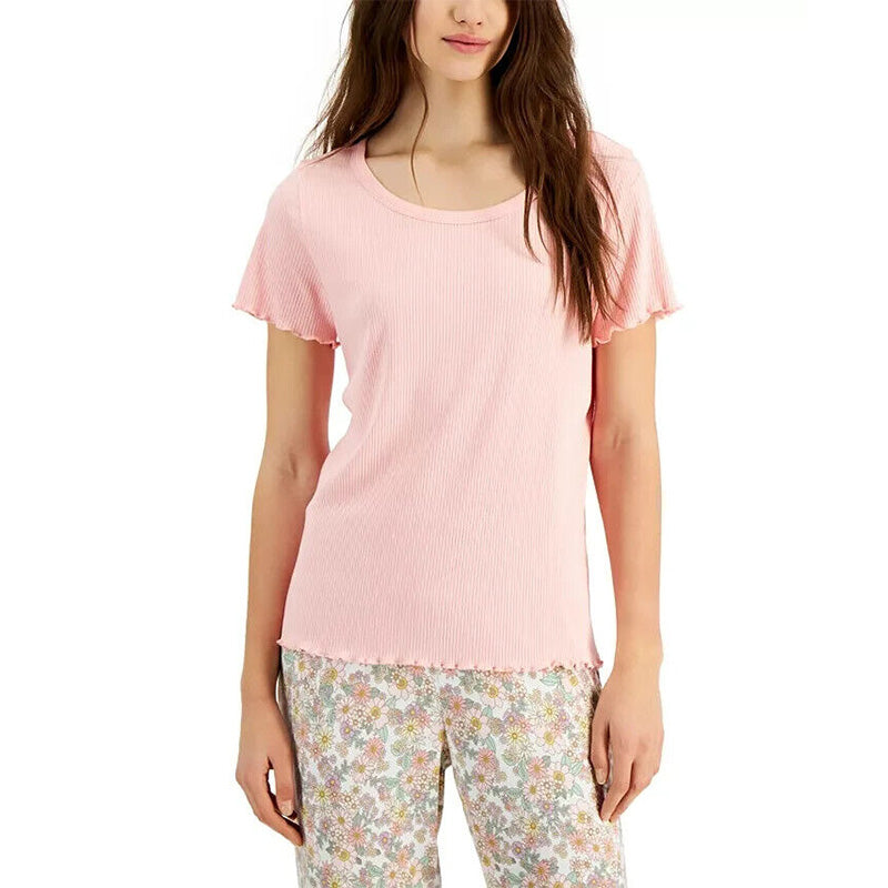 NWD Jenni Lettuce Edge Solid Ribbed Sleep T-Shirt Pink XS