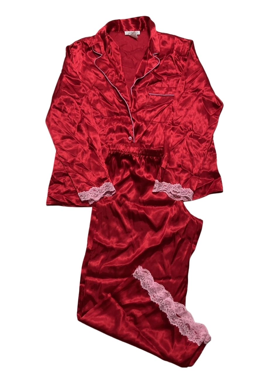 NWD LINEA DONATELLA 2pc. Lace-trm Long Pajama Set RED M