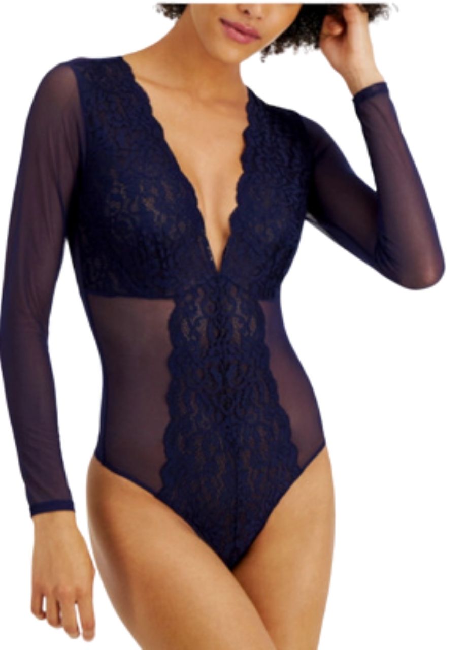I.N.C Long-Sleeve Lace Mesh Body NAVY XL