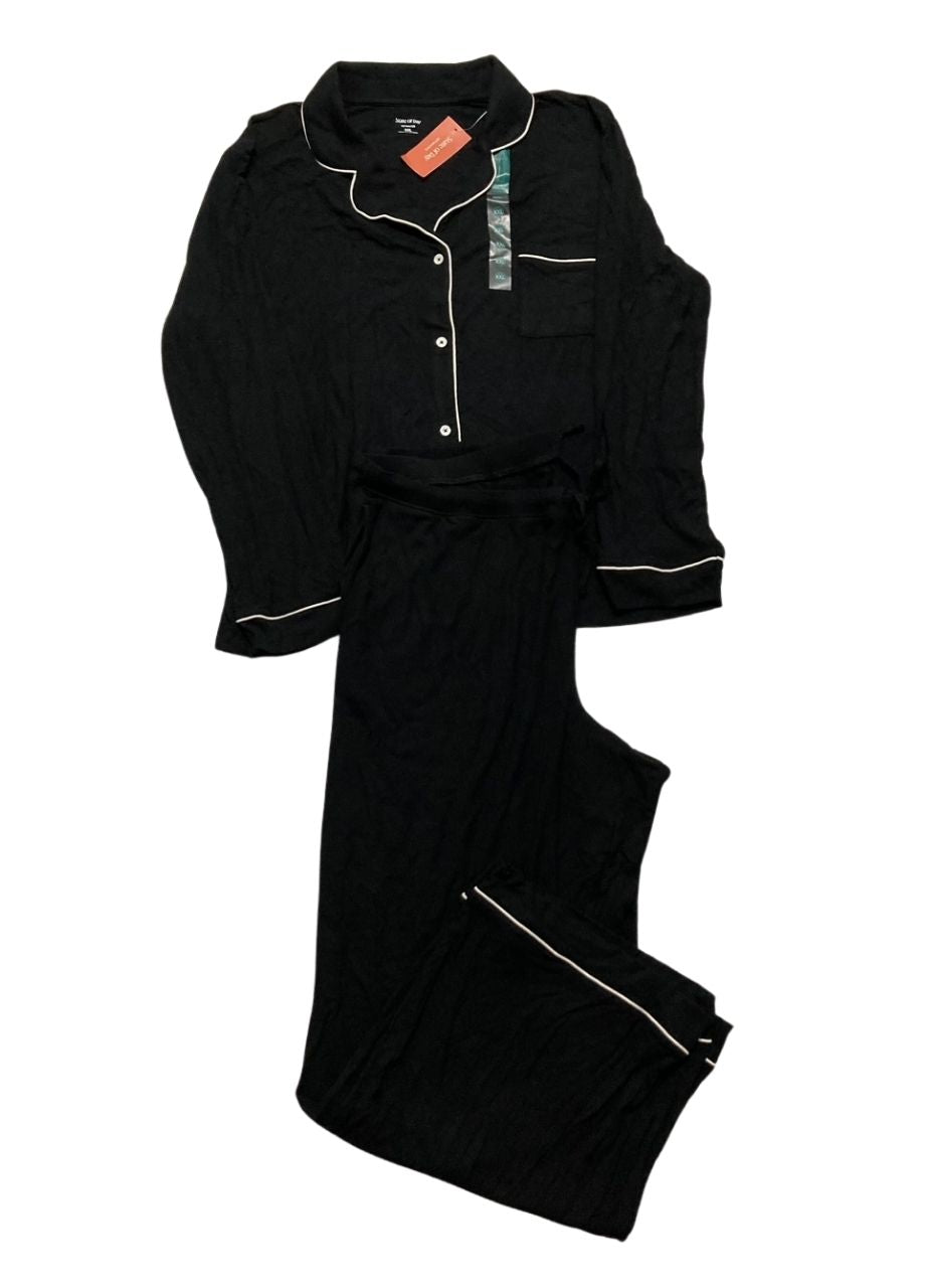 STATE OF DAY 2-Piece Packaged Ribbed Notched-Collar Pajama set BLACK XXL