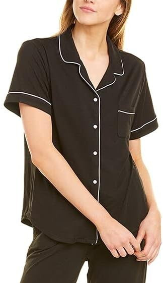 FLORA NIKROOZ Knit Notch Collar pajama top BLACK L