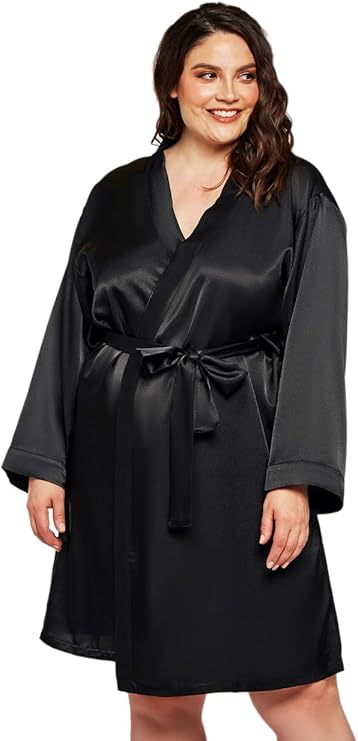 ICOLLECTION Long Sleeve Satin Robe BLACK 1X
