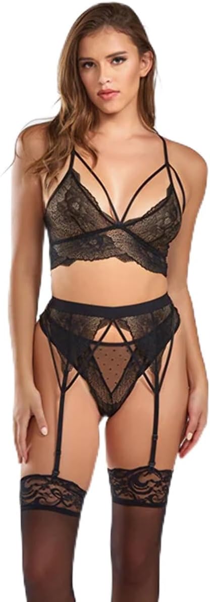 ICOLLECTION Everly Dot Mesh & Lace Lingerie Set BLACK XL