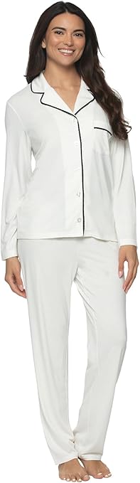 FELINA Long Sleeve Pajama Set 2 Piece Knit Pajama Set WHITE XL