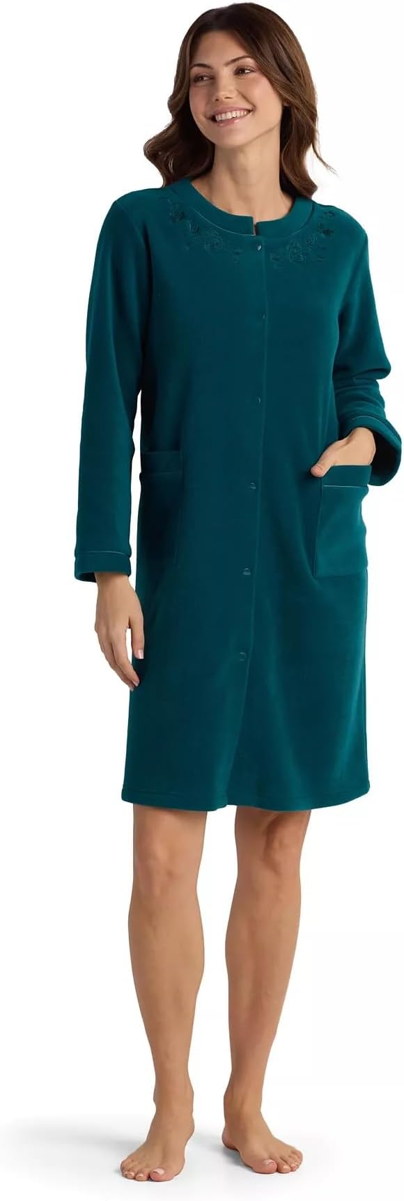 MISS ELAINE Short Fleece Robe with Pockets EMERALD XL
