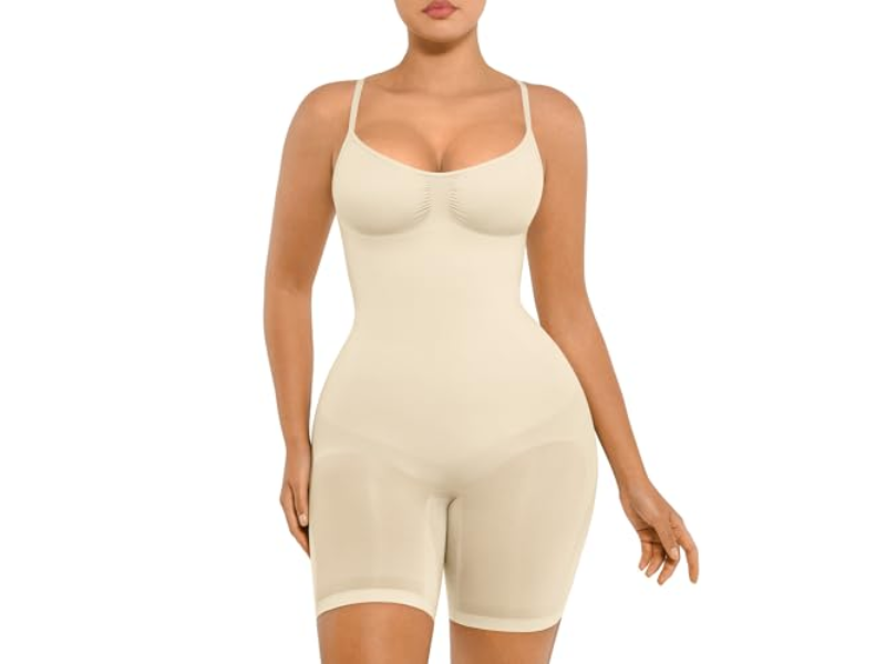 SHAPERMINT Essentials Scoop Neck Mid-Thigh Bodysuit BEIGE M
