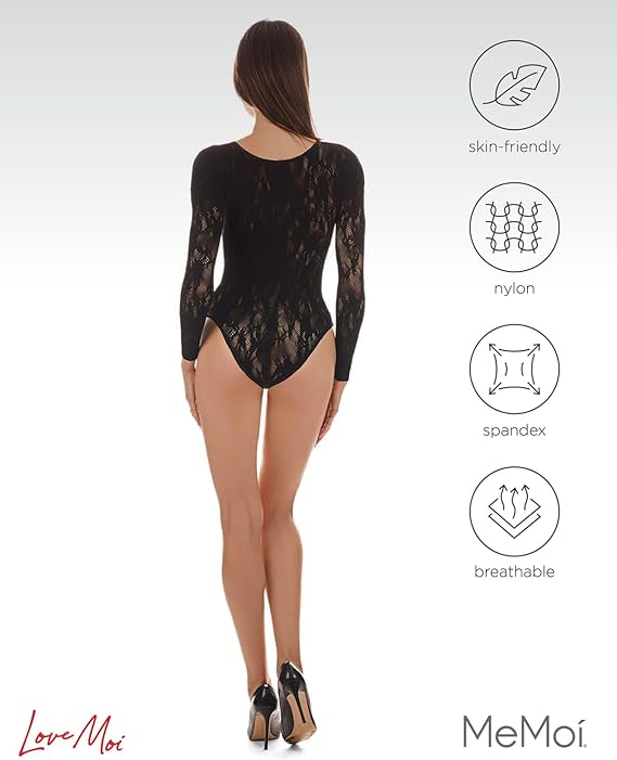 LOVEMOI Flirty Floral Long Sleeve Seamless Bodysuit BLACK L