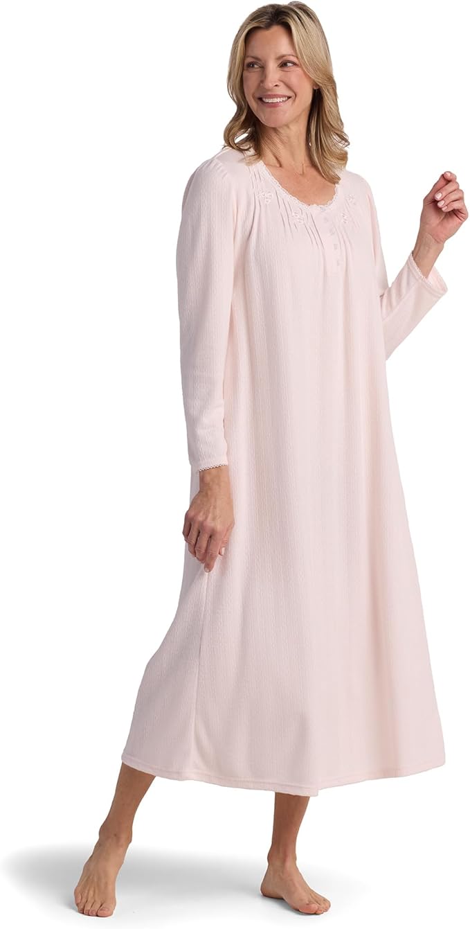 MISS ELAINE Long Pointelle Honeycomb Knit Nightgown PEACH L