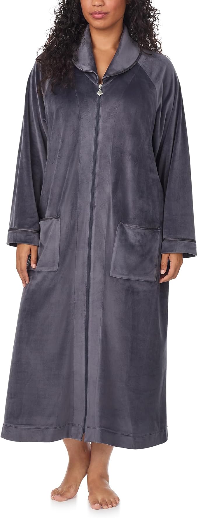 EILEEN WEST Soft & Cozy Long Sleeve Zip Robe with Pockets CHARCOAL L/XL
