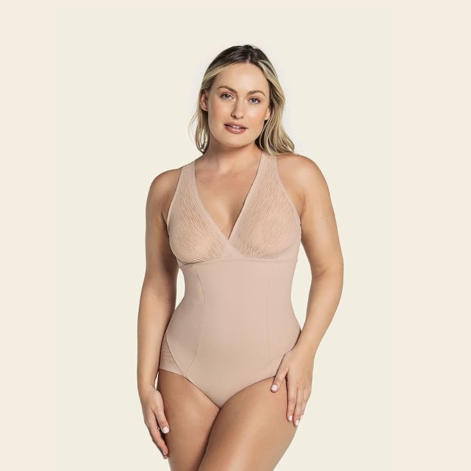 LEONISA Sheer Stripe Detail Sculpting Bodysuit Tummy Control Shapewear BEIGE XL