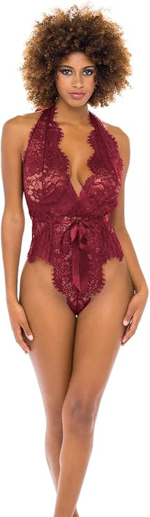 OH LA LA CHERI Naomi Eyelash Lace Halter Teddy With Functional Ties RED L/XL