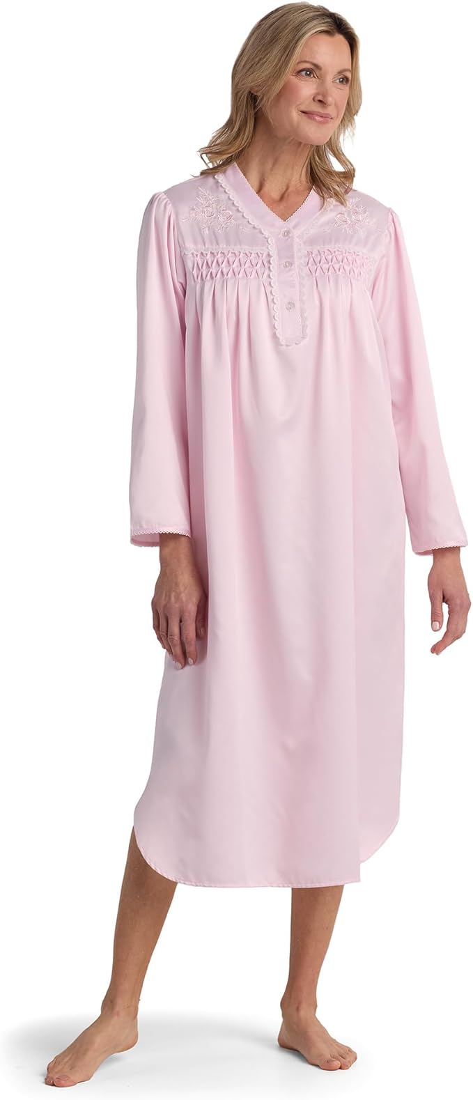 MISS ELAINE Long Nightgown, Brushed Back Satin PINK L