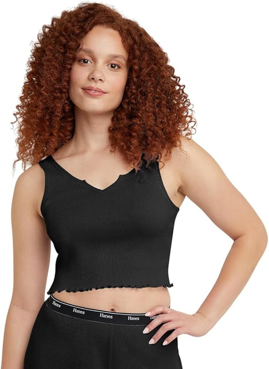 HANES Rib Cropped Tank Top with Lettuce Edge Trim BLACK XS
