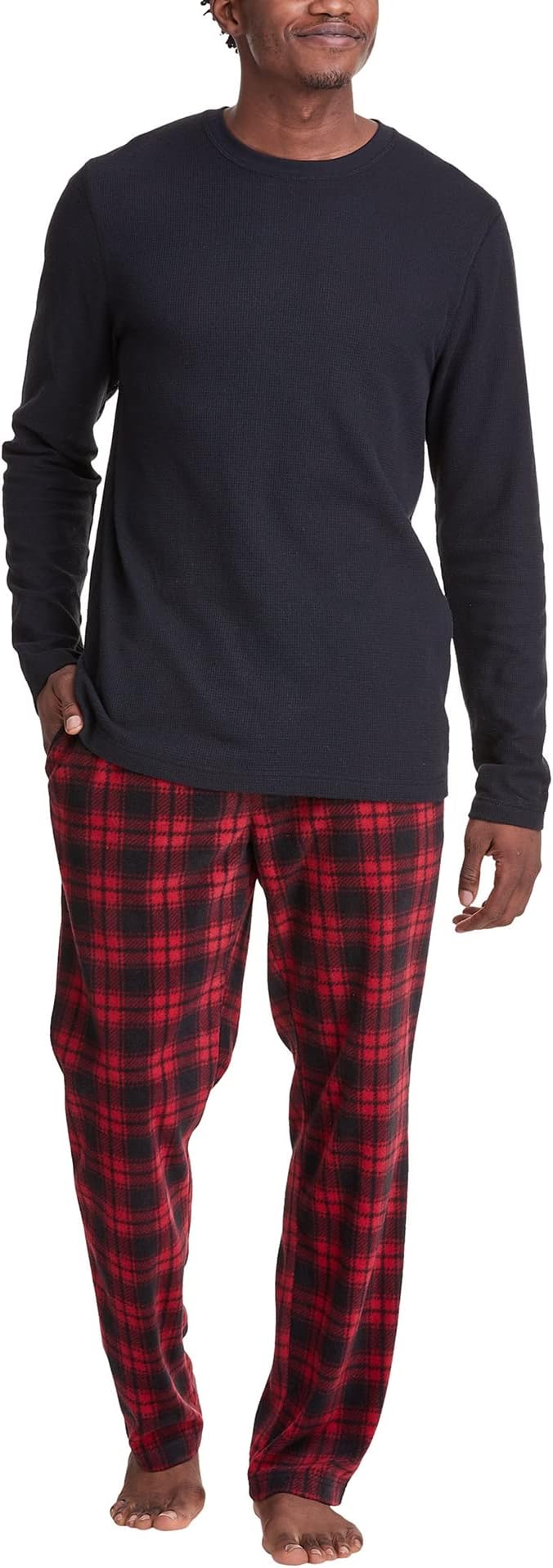 HANES Tagless Two-Piece Micro-Fleece Pajama Set BLACK/RED XL