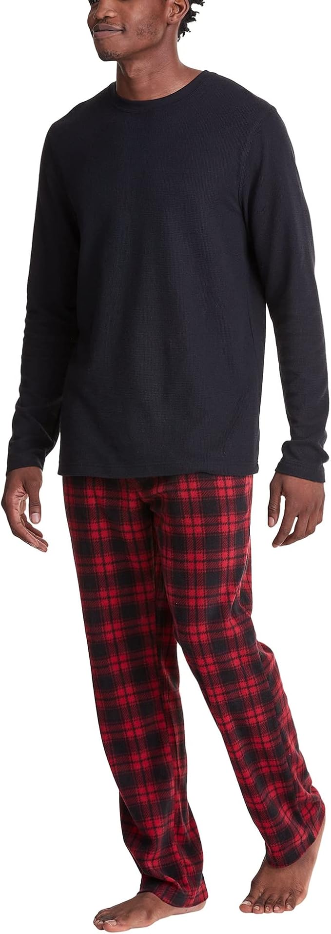 HANES Tagless Two-Piece Micro-Fleece Pajama Set BLACK/RED XL