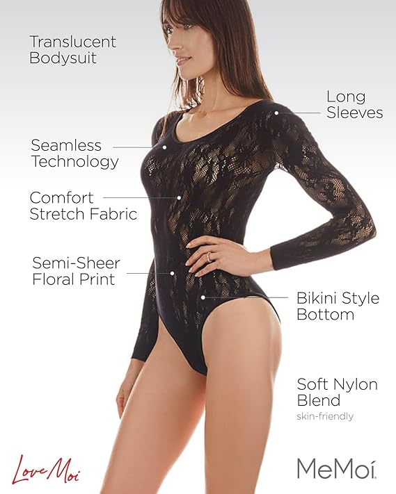 LOVEMOI Flirty Floral Long Sleeve Seamless Bodysuit BLACK L