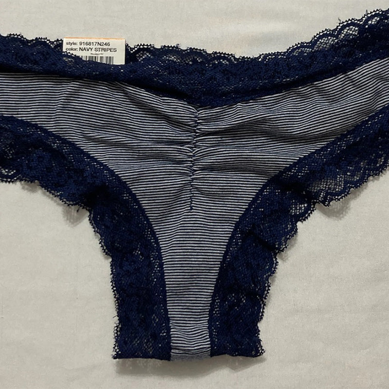 Jenni Lace Trim Navy Striped Hipster Panties Navy S