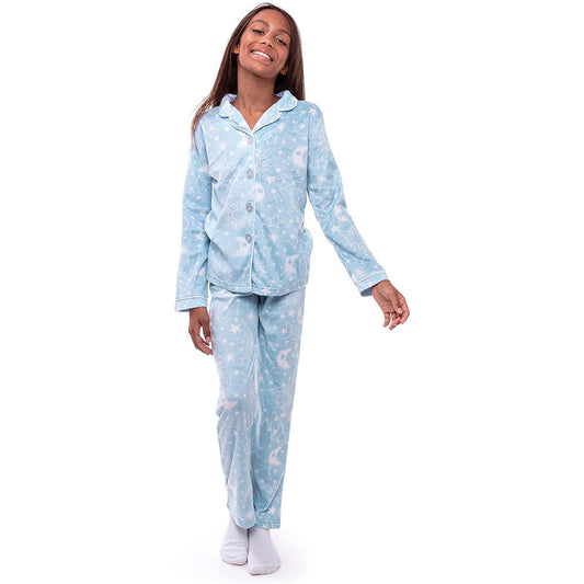 Sleep On It Girls Minky Fleece Button-Up Pajama Set Blue L