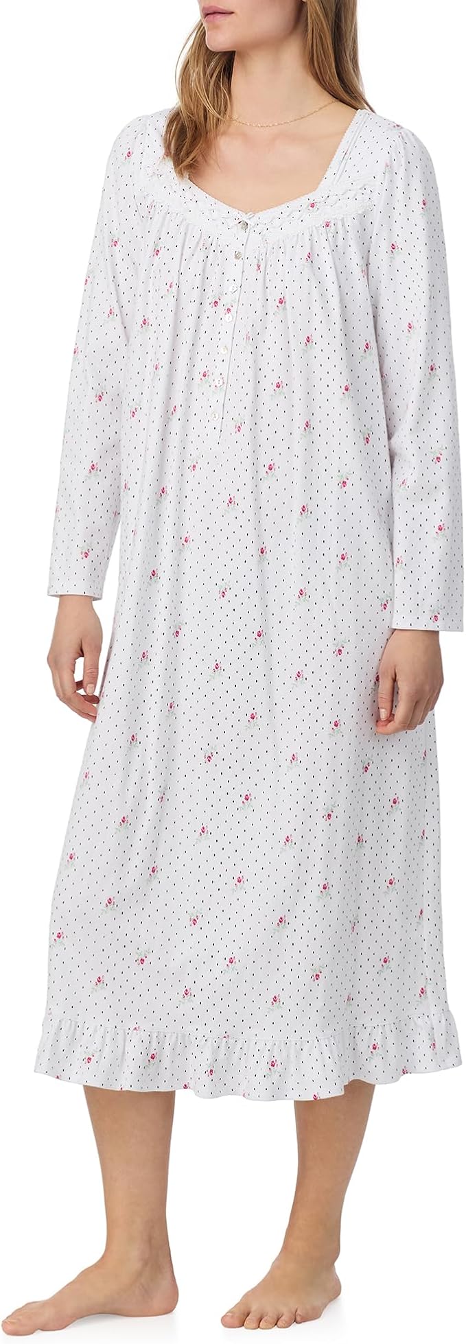 EILEEN WEST Cotton Peached Jersey Knit Long Sleeve Nightgown WHITE M