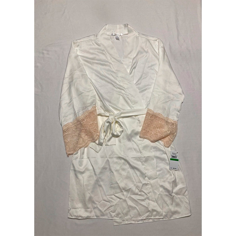 Flora Nikrooz Kit Matte Charmeuse Wrap Robe with Lace Ivory L